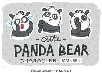 Panda Bear characters collection with emotions: afraid, in shock, thumbs down, dislike, suspicious, have an idea. Part 4 of 7. Hand drawn doodle illustration for web, stickers, emoji, emoticons.