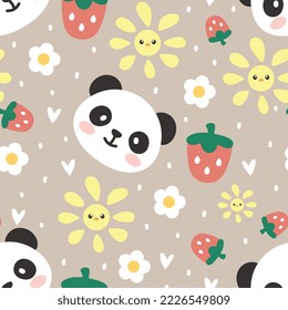 Panda bear colorful elements and grey background, kids scandinavian style seamless pattern with kawaii strawberry, flowers, sun. Bedding children vector design, fabric and textile print.