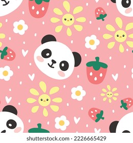 Panda bear colorful elements and pink background, kids scandinavian style seamless pattern with kawaii strawberry, flowers, sun. Bedding children vector design, fabric and textile print.