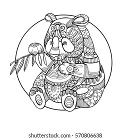 Panda bear coloring book vector illustration. Anti-stress coloring book for adult. Tattoo stencil. Black and white lines. Lace pattern