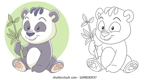 Panda bear coloring page. Cartoon animal. Clipart set for nursery poster, t shirt print, kids apparel, greeting card, label, patch or sticker. Vector illustration.