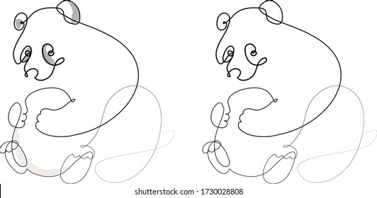 panda bear continuous line illustration. fat bear ate a lot of food. vector bear icon. black and white illustration.