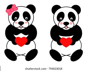 Panda bear couple heart valentine cupid day vector illustration sketch