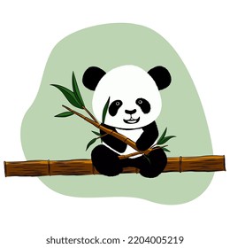 Panda bear cub sits on bamboo trunk with bamboo branches with green leaves in its paws, isolated on white background. Clipart, vector design element.