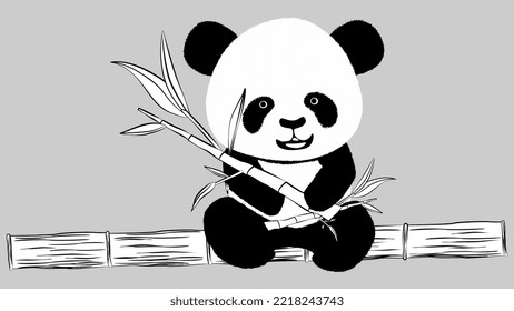 Panda bear cub sits on bamboo trunk with bamboo branches with leaves in its paws in black and white, isolated on gray background. Clipart, vector design element.