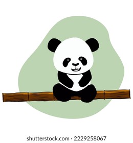 Panda bear cub sits on bamboo trunk isolated on white background. Clipart, vector design element.