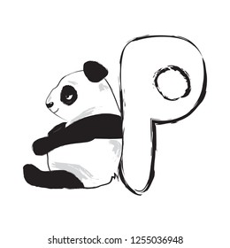 Panda bear cute animal english alphabet letter P with cartoon baby font illustrations