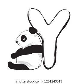 Panda bear cute animal english alphabet letter Y with cartoon baby font illustrations