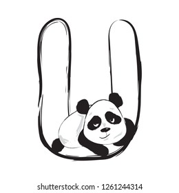 Panda bear cute animal english alphabet letter U with cartoon baby font illustrations