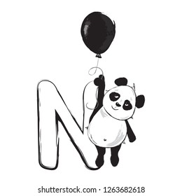 Panda bear cute animal english alphabet letter N with cartoon baby font illustrations