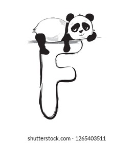 Panda bear cute animal english alphabet letter F with cartoon baby font illustrations