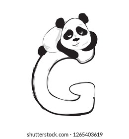 Panda bear cute animal english alphabet letter G with cartoon baby font illustrations