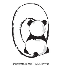 Panda bear cute animal number zero with cartoon baby illustration black and white