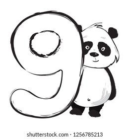 Panda bear cute animal number nine with cartoon baby illustration black and white