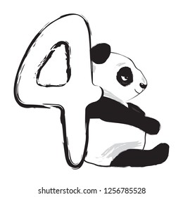 Panda bear cute animal number four with cartoon baby illustration black and white