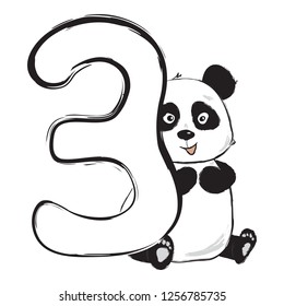 Panda bear cute animal number three with cartoon baby illustration black and white