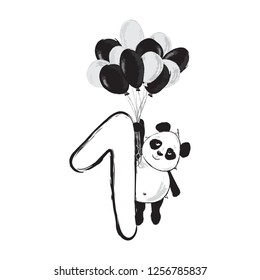 Panda bear cute animal number one with cartoon baby illustration black and white