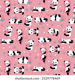 Urso de panda Cute Baby chuveiro Girl Pink Background Baby Girl, fundo sem costura com pandas em várias poses. Padrão de vetor
