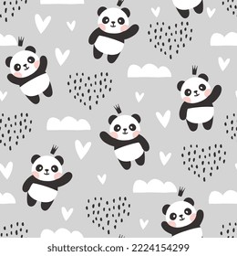 Panda bear cute boho elements sky with clouds and hearts. Baby boy and girl neutral grey kids kawaii animals seamless pattern design for wrapping paper, fabric and textile.