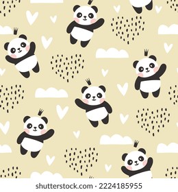 Panda bear cute boho elements sky with clouds and hearts. Baby girl and boy pastel yellow kids kawaii animals seamless pattern design for wrapping paper, fabric and textile.