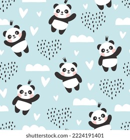 Panda bear cute boho elements pastel blue sky with clouds and hearts. Baby boy and girl kids kawaii animals seamless pattern design for wrapping paper, fabric and