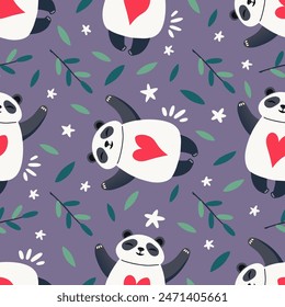 panda bear, cute cartoon panda vector seamless pattern