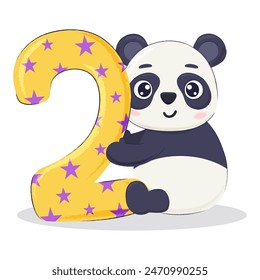 Panda oso lindo personaje con el número dos. Postal de cumpleaños del segundo bebé, elemento de invitación.