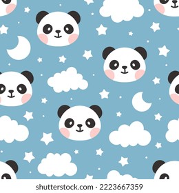 Panda bear cute face with clouds and stars in the blue sky, kids cute animals seamless pattern for wrapping paper, fabric and textile print. Bedding, pajama vector design.