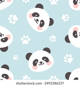 Panda bear cute face with footprints texture, kids baby blue color woodland animals seamless pattern for wrapping paper, fabric and textile print.