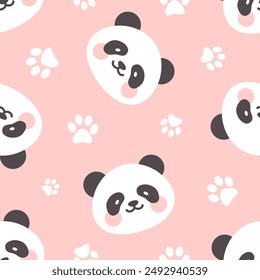 Panda bear cute face with footprints texture, kids baby pink color woodland animals seamless pattern for wrapping paper, fabric and textile print.