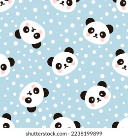 Panda bear cute face pastel blue polka dot background texture. Baby girl and boy kids kawaii animals seamless pattern design for wrapping paper, fabric and textile.