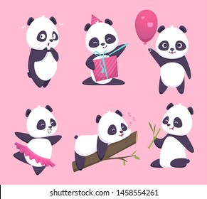 Panda. Bear cute funny animal character in forest vector cartoon collection. Illustration of panda animal, happy emotion smiling