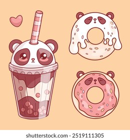 Oso panda. Vaso lindo de Té de Burbuja con paja y dona dulce con gotas de esmalte. Personaje kawaii de dibujos animados divertidos aislados. Ilustración vectorial. Colección para niños