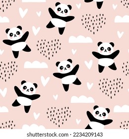 Panda bear cute pastel pink boho elements sky with clouds and hearts. Baby girl kids kawaii animals seamless pattern design for wrapping paper, fabric and textile.