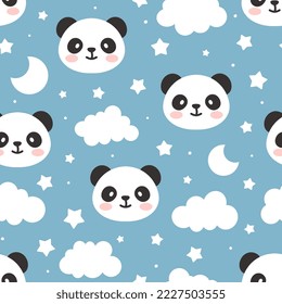 panda bear deep blue neutral for boy and girl sky seamless pattern background, kids cute woodland animals with clouds and stars fabric and textile print design.
