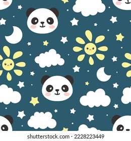 panda bear deep blue neutral for boy and girl sky seamless pattern background, kids cute woodland animals with clouds and stars fabric and textile print design.