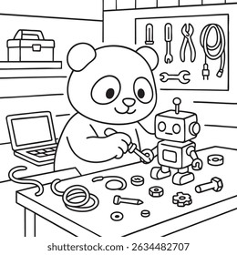 A panda bear is diligently working on constructing a robot in a busy workshop filled with various tools and equipment