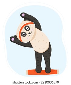 Panda bear doing yoga in cartoon style on blue background