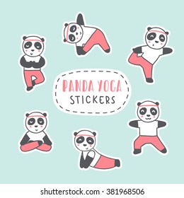 Panda bear doing yoga sticker set. Vector cartoon illustration