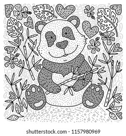 Panda bear doodle Illustration with bamboo. Hand drawn detailed cartoon card. Vector.