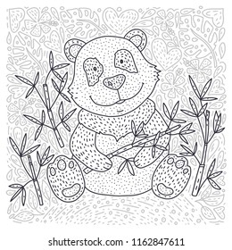 Panda bear doodle Illustration with bamboo. Hand drawn detailed cartoon card. Vector coloring page.