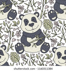 Panda bear doodle seamless pattern. Hand drawn detailed cartoon card. Vector nature illustration.