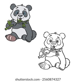 Panda bear. Drawing. Hand drawn. Cartoon. Outline. Color. Isolated on white background. Vector illustration