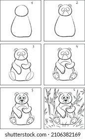 Panda bear drawing instruction and coloring book
