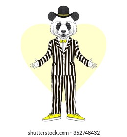 panda bear dressed up in stripy suit, furry art character, panda hugs