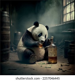 Panda Bear Drinking Whiskey on Stage.  This is a 3d render illustration. Creative Idea