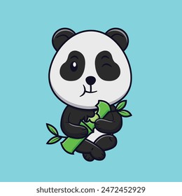 Panda Bear Eating Bamboo Cartoon Vector Icon Illustration. Cute Animal Nature Activities. Flat Cartoon. Suitable for any creative projects.