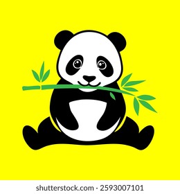 A panda bear eating bamboo sticks on a yellow background illustration