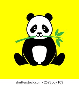 A panda bear eating bamboo sticks on a yellow background illustration