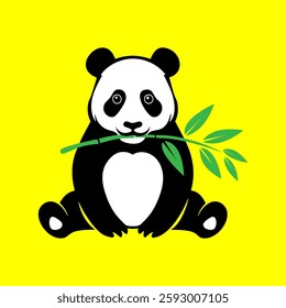 A panda bear eating bamboo sticks on a yellow background illustration